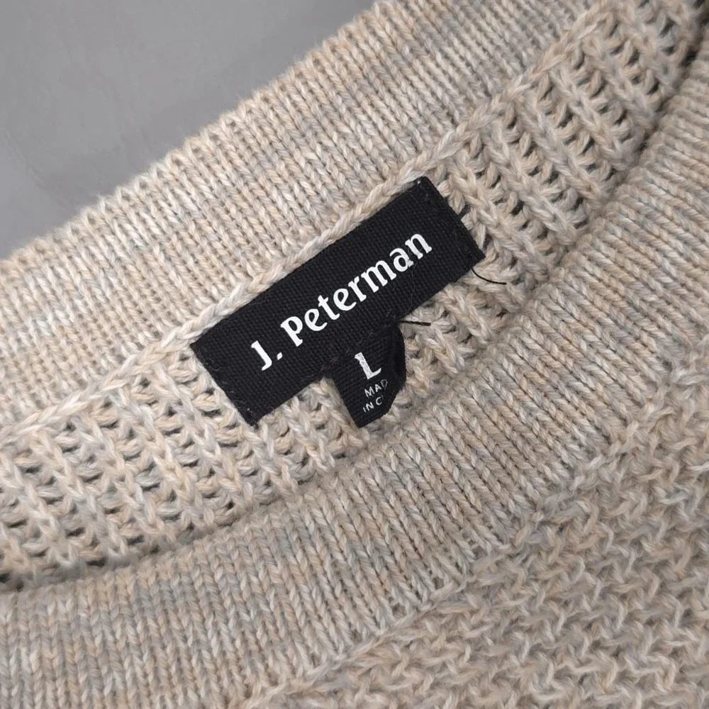J. Peterman Men's Beige Marled Knit 100% Cotton Sweater LARGE Crewneck Fisherman